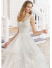 V Neck Pleated Ivory Polka Dot Tulle Ruffle Wedding Dress